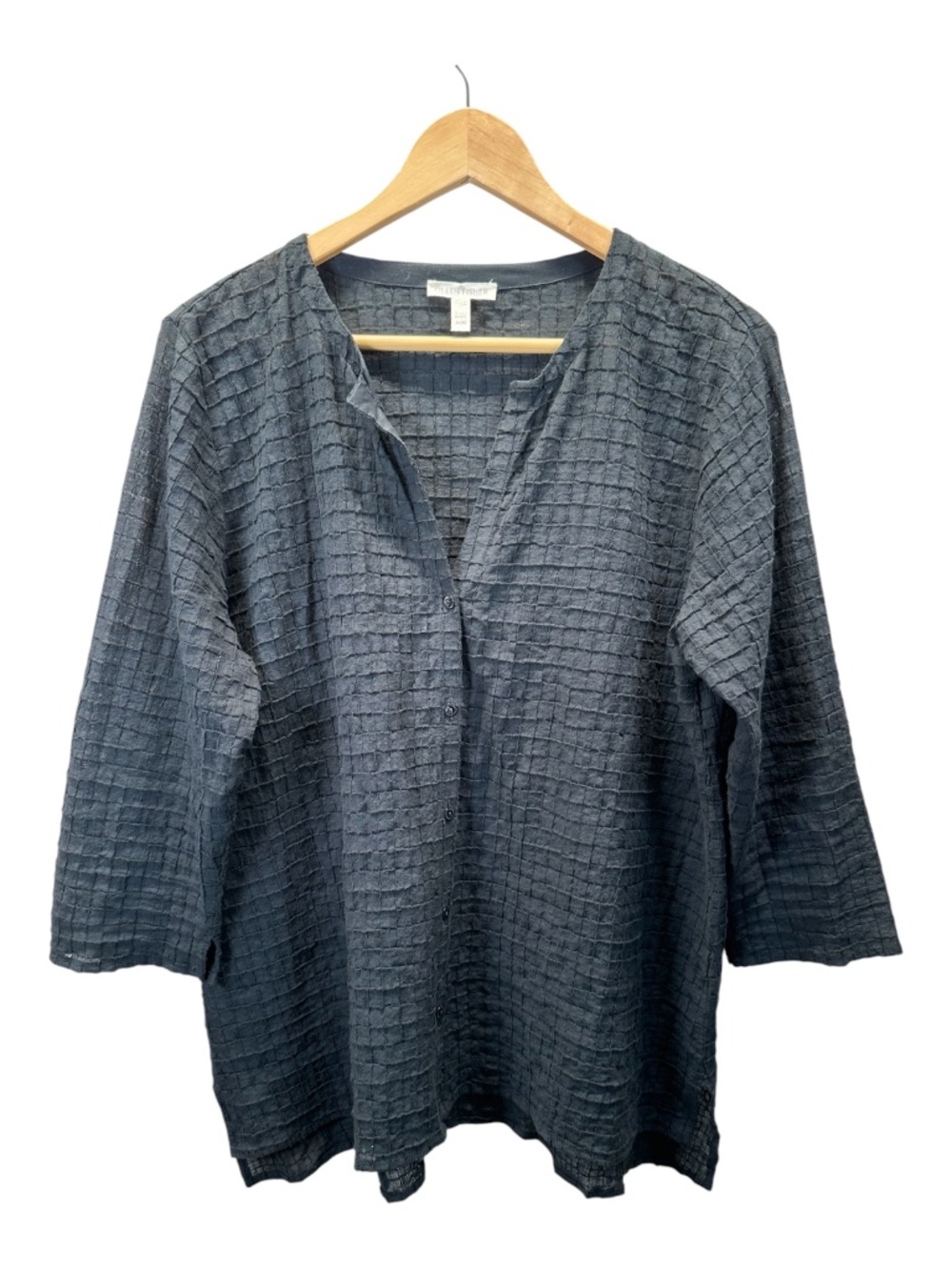 Eileen Fisher Black Organic Cotton Check Textured Blouse Top Size M Minimalist